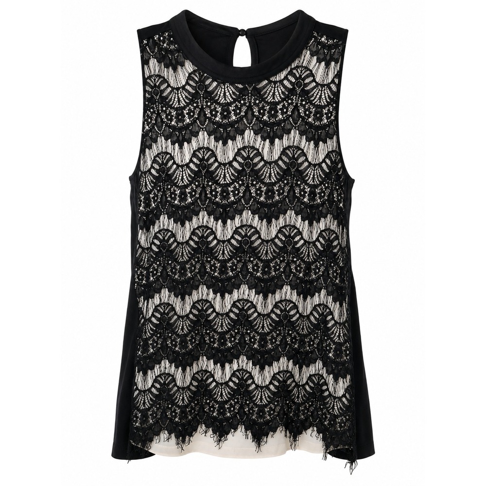 Black Lace Overlay Top Medium High Neck Keyhole Blouse Dark Academia Whimsigoth